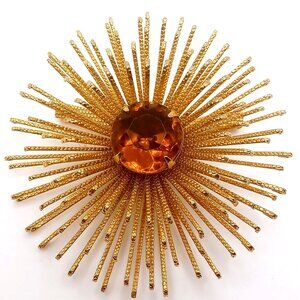 Sarah Coventry Brooch Gold Tone Metal Starburst Amber Rhinestone Center Vintage
